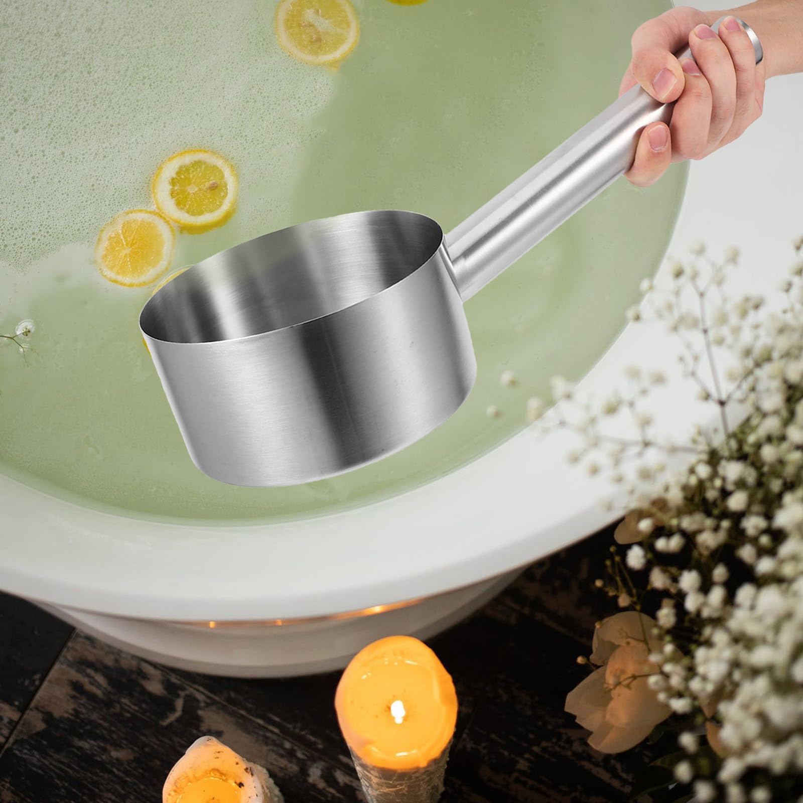 NUOBESTY cucharón de sopa de acero inoxidable con asa ergonómica, capacidad grande, utensilio para lavar cabello y uso en jardín