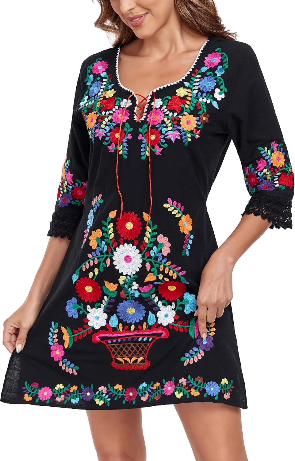 YZXDORWJ Women Mexican Embroidered Fiesta Dress V Neck Dress Short Sleeve