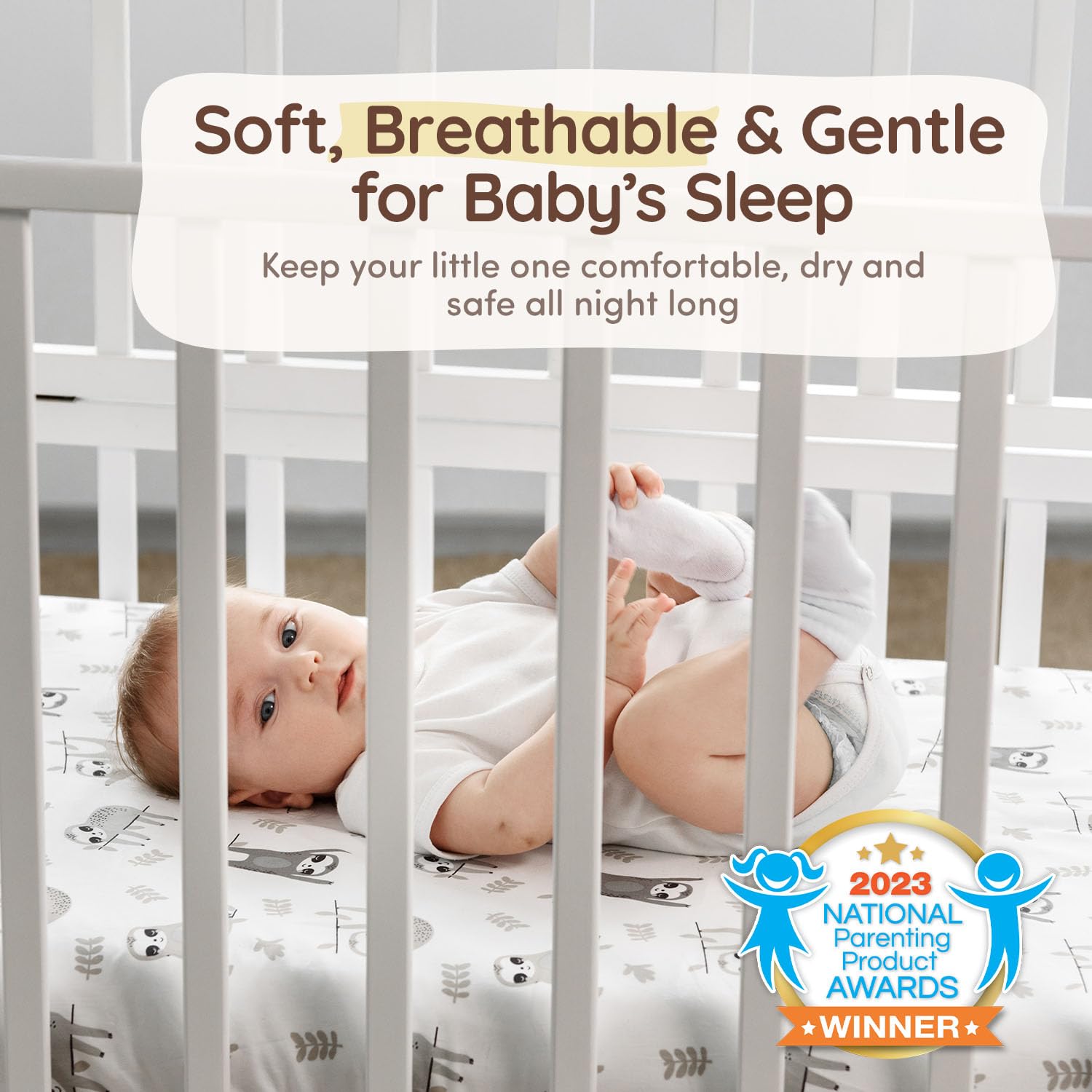 Spannbettlaken für Babybett, Faultier und Chevron-Drucke, Baumwolle, für Jungen und Mädchen, geschlechtsneutral (Grau - Weiß), 2 Stück