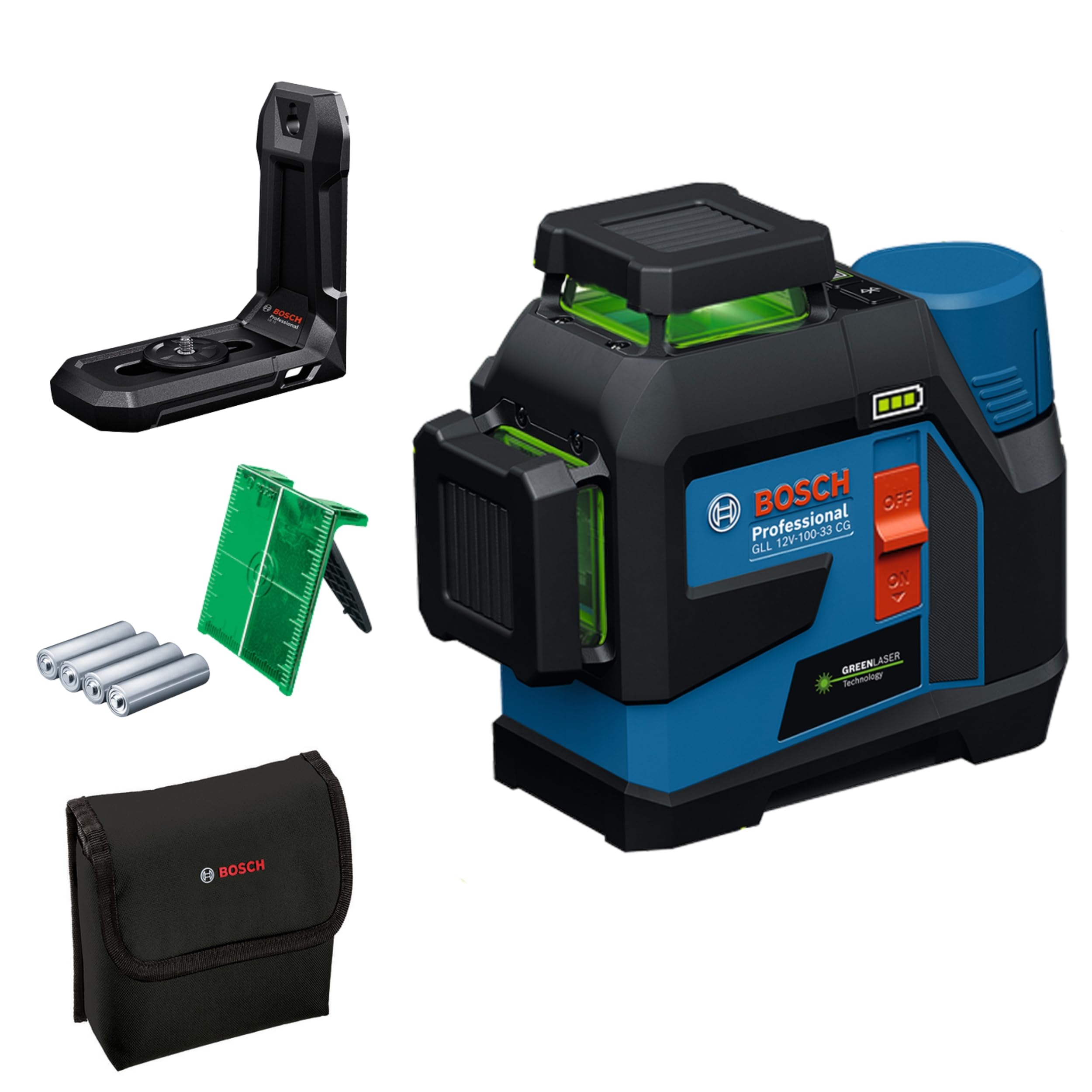 Bosch Professional line Laser GLL 12V-100-33 CG (3 x 360° Green Laser, Working Range 100 m (Radius) with Receiver, Levelling Remote app, IP 65, LB 10, 4 x 1,5V LR6 (AA), AA1 Adapter, Pouch)