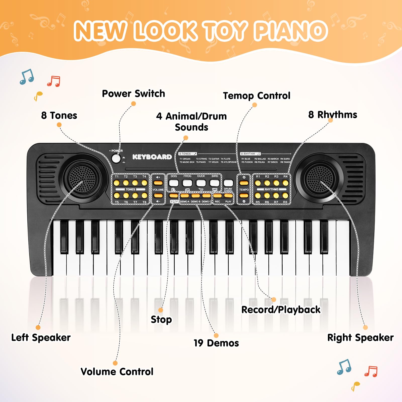 Clavier Piano Enfants 37 Touches avec Microphone Jouets pour 3 4 5 6 - Noir | Portable Musical Instrument Numériques Portables pour Garçon Filles Noël Anniversaire Cadeau