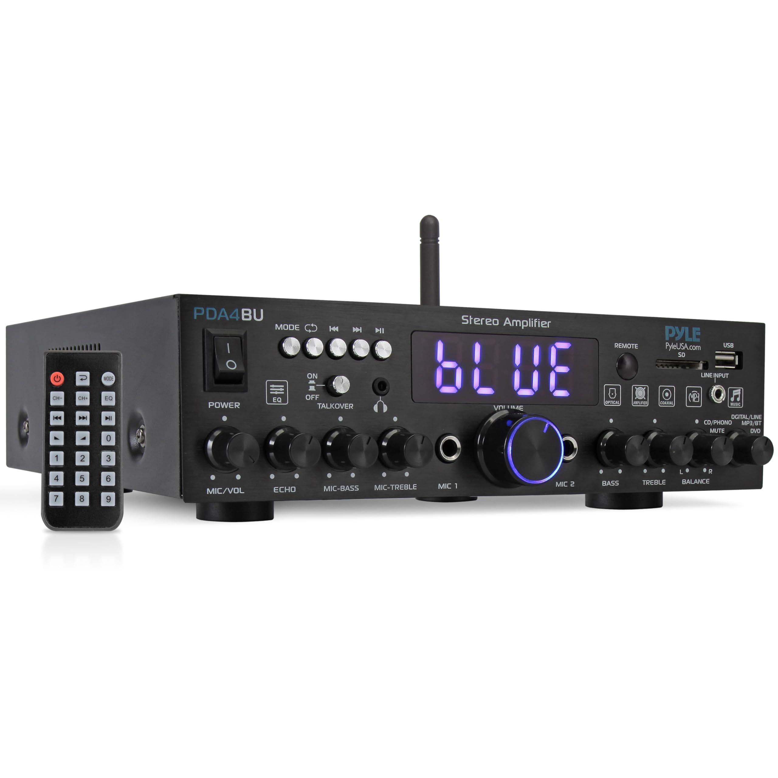 Pyle 200W Wireless Bluetooth Home Stereo Amplifier - Multi-Channel Audio Receiver with Optical - Phono - Coaxial - FM - USB/SD - AUX - RCA - 2 Mic Inputs - ‘Talk-Over’ - Antenna - Remote - PDA4BU