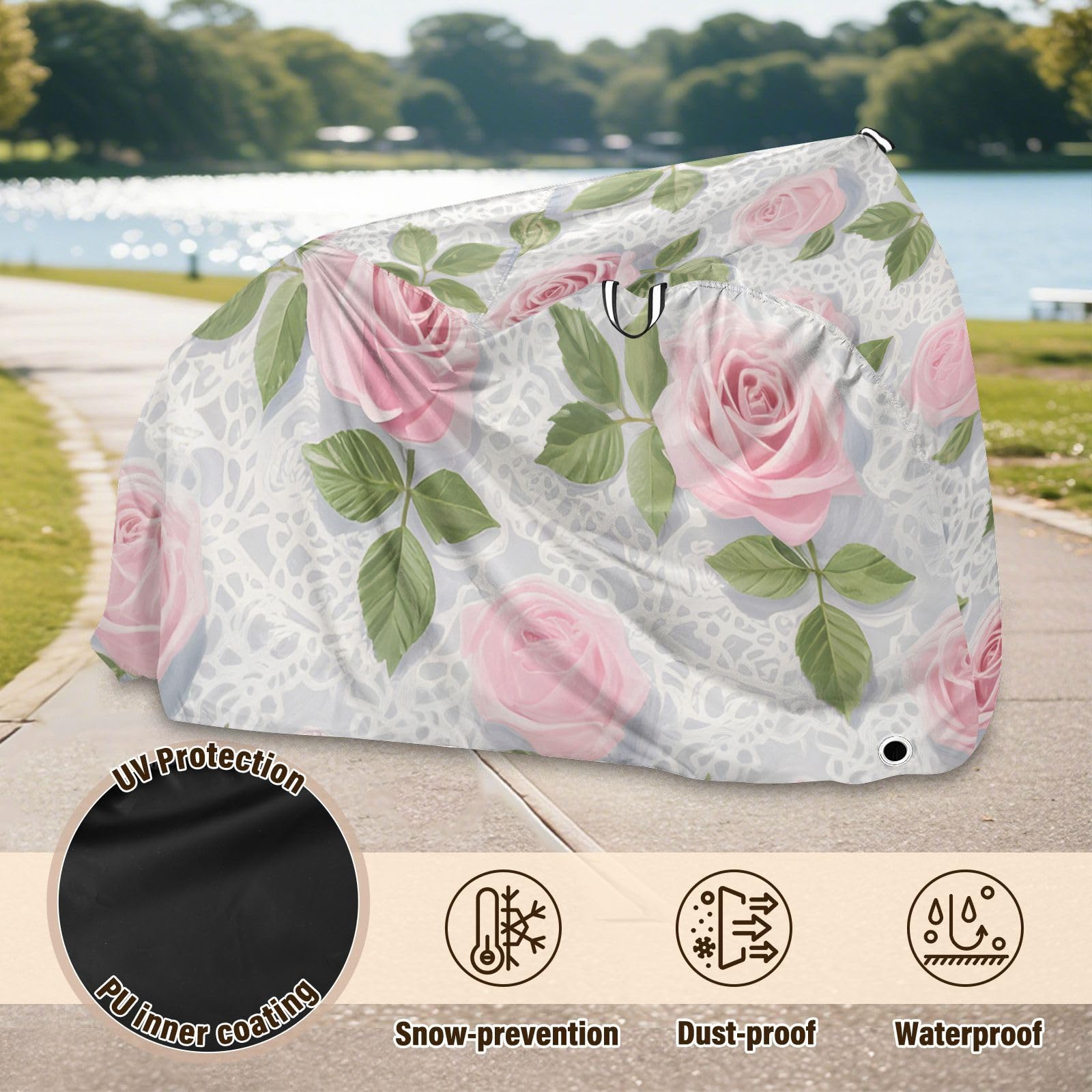 Housse de vélo imperméable en dentelle rose avec trous de verrouillage, anti-poussière, pluie, neige, UV, convient à la plupart des vélos d'appartement imperméables