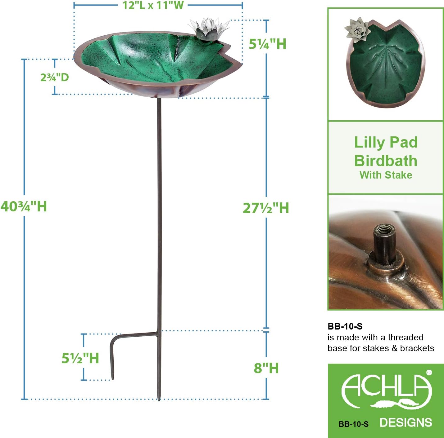 Achla Designs Lilypad Birdbath with Stake, Patina