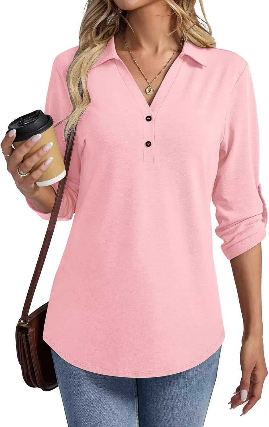 TICTICMISS Women's 3/4 Length Rolled Sleeve Tunic Tops Collared V Neck T Shirts Summer Casual Blouses 2026