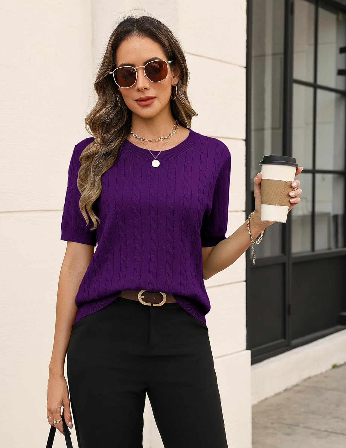 Zeagoo Cable Short Sleeve Sweaters for Women Summer Spring Cute Tops 2026 Trendy Business Causal Outfits Work Blouses Clothes - Image 2