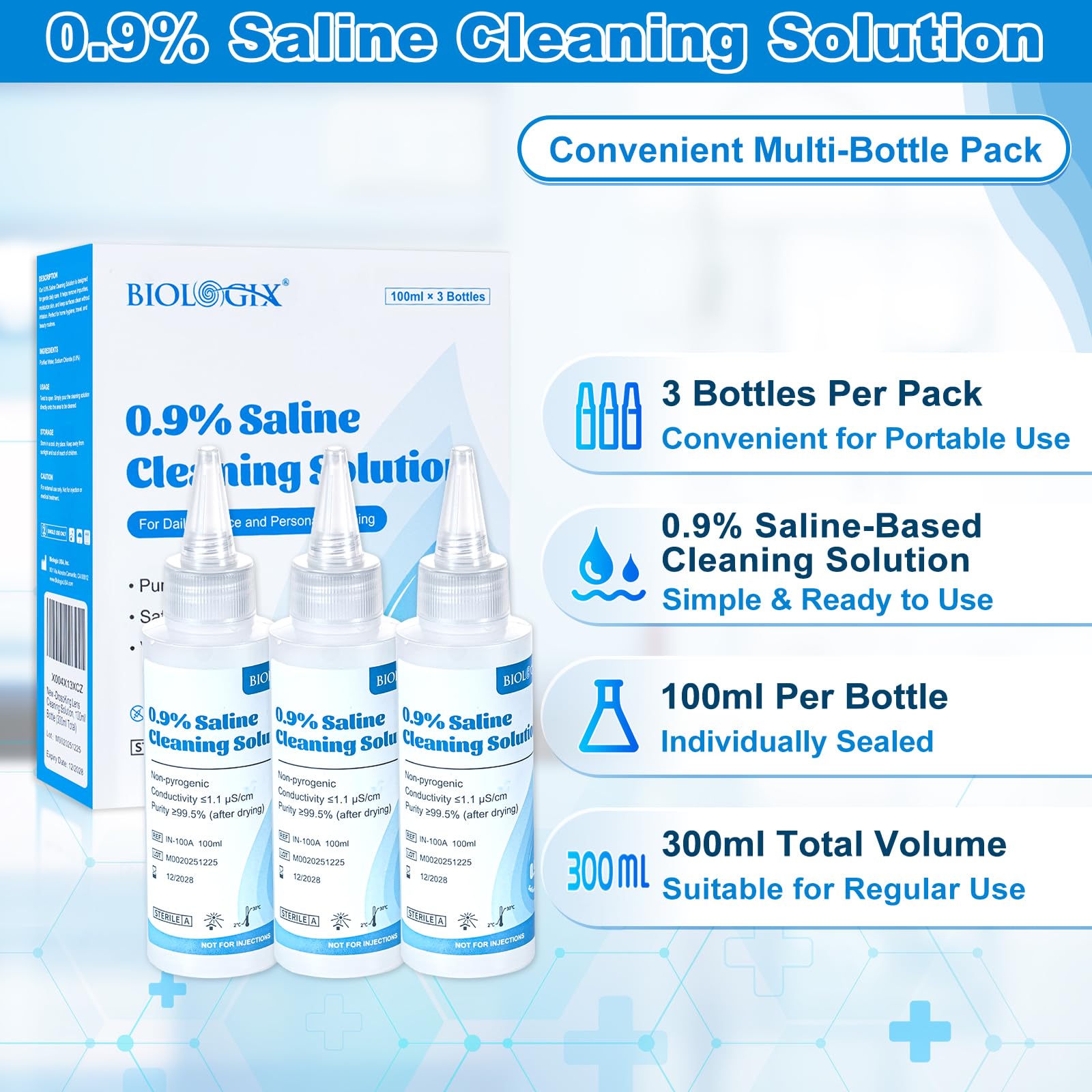 Normal Saline, 0.9% Cleaning Saline Solution, Ready-to-Use for Daily Household Use, 100ml Each, 3 per Box, 300ml /10.56 FL OZ - 4