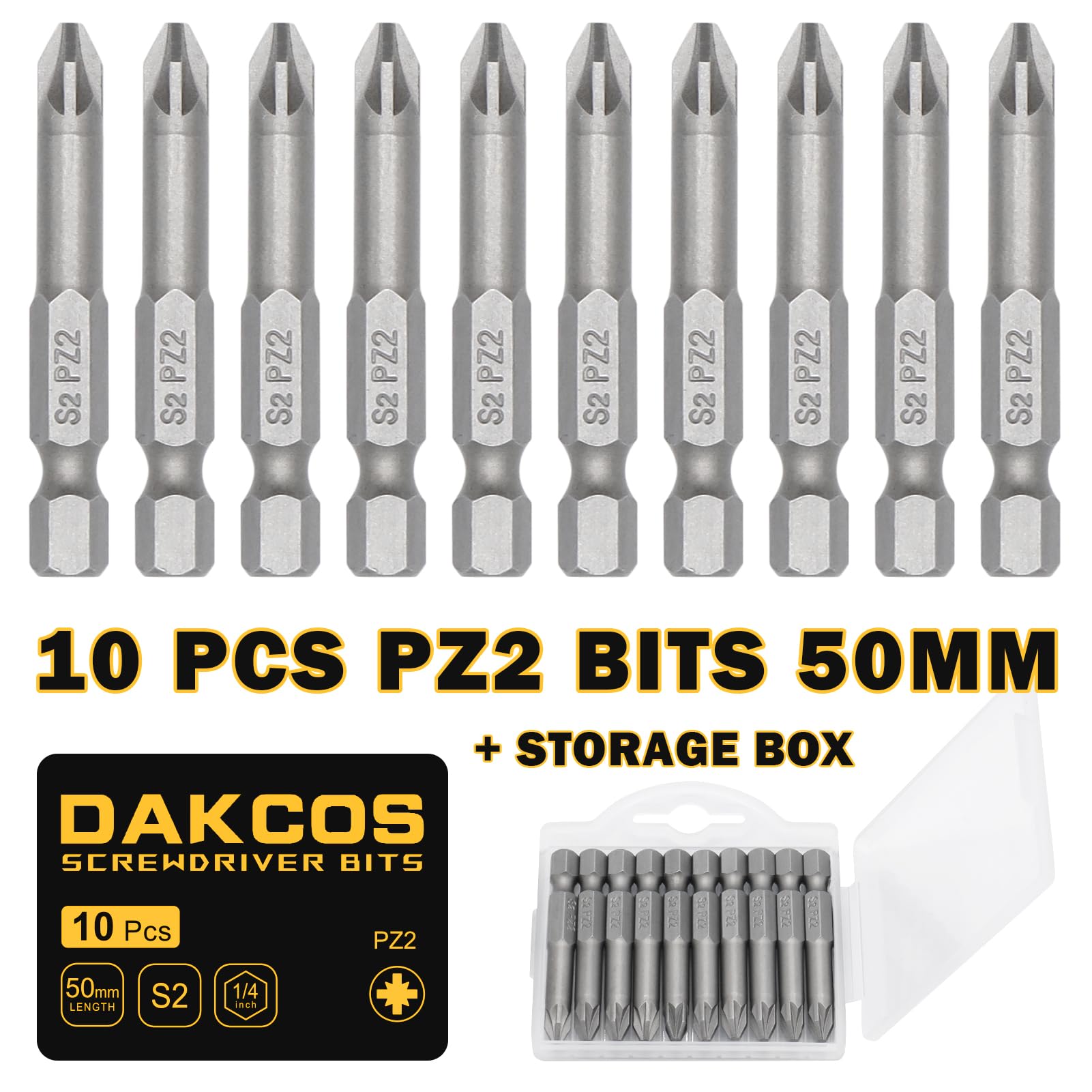 DAKCOS Juego de Puntas de Destornillador de PZ2 de 10pc Puntas Phillips, acero S2, 50mm de longitud