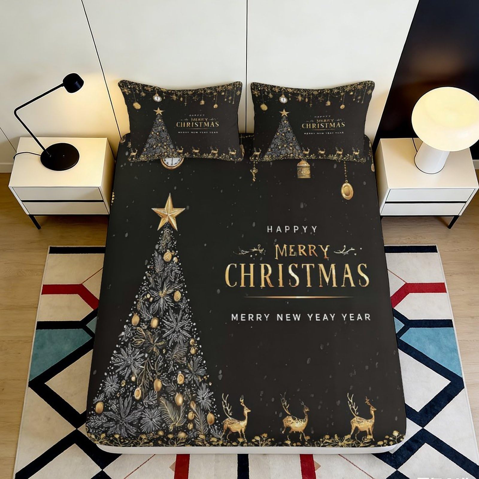 Pnayamiorkfel Style-10 3D Printed Christmas Tree Fitted Sheet Microfiber Soft Decor Reindeer Bed Cover For Bedroom Guest Room 90X200x25cm