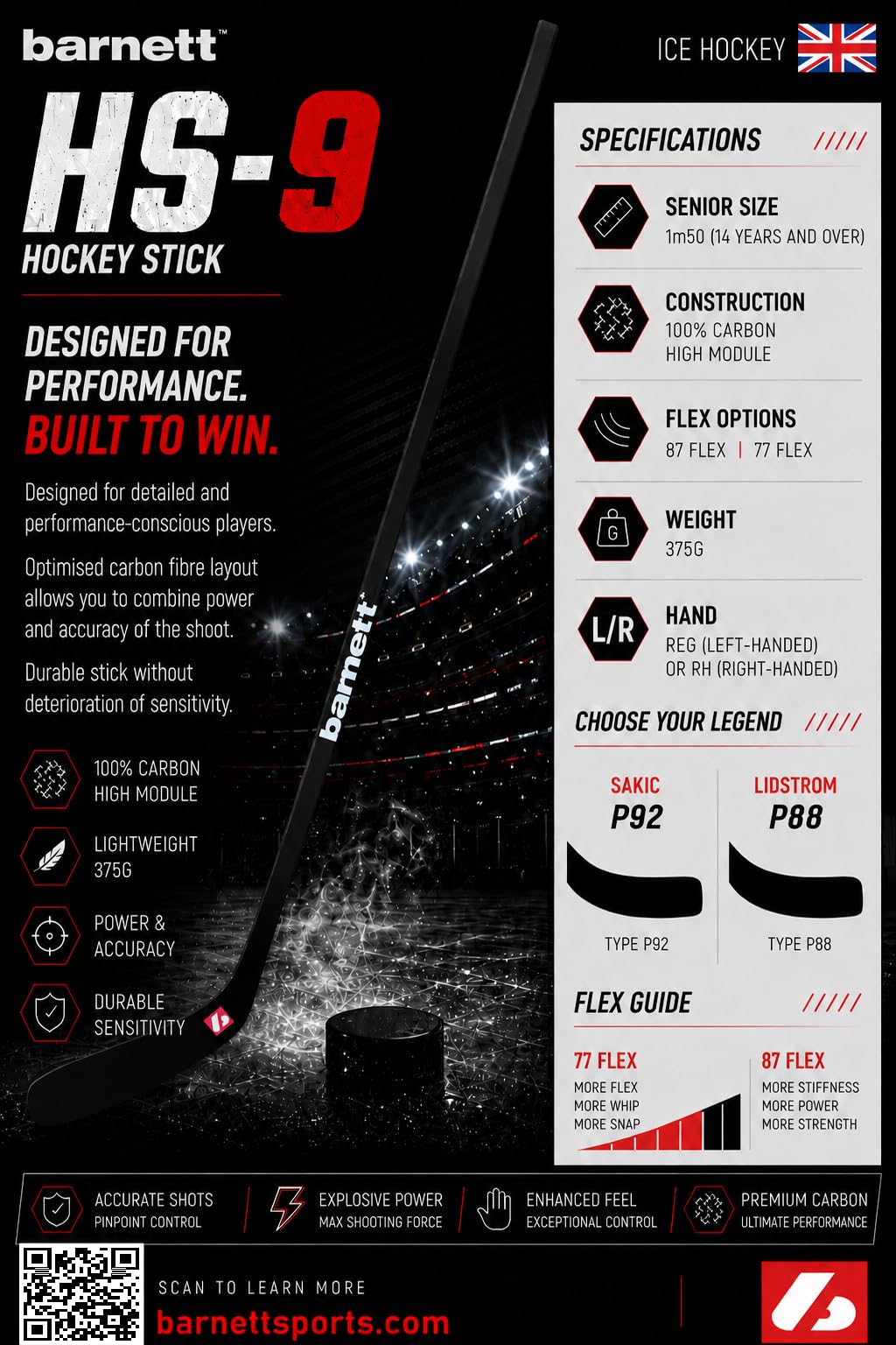 Barnett HS-9 P92 RH 77 Crosse de Hockey en Carbone à Haut Module