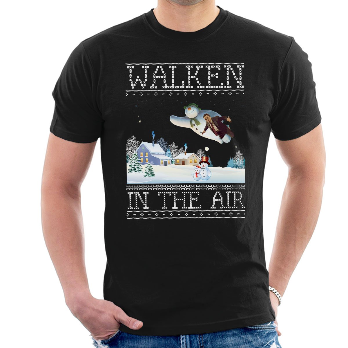 Cloud City 7 Men's Black Christopher Walken In The Air Snow Man Christmas Knit T-Shirt