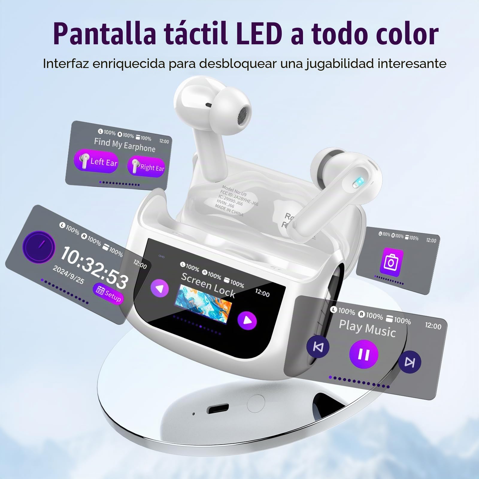 Thunelec Auriculares Inalambricos con Pantalla Táctil LED, 2026 Nuevo Auriculares Bluetooth 5.4 con Reducción de Ruido ANC+ENC y HD Mic, 48H Cascos Inalambricos con HiFi Estéreo/5 Modos EQ, Blanco