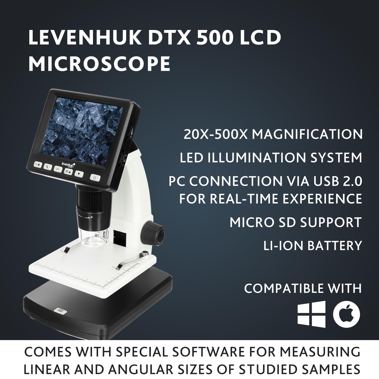 Levenhuk DTX 500 LCD – Digitalmikroskop mit 3,5" Bildschirm, 20–500x Zoom, integrierter Kamera, Foto/Videoaufnahme, USB-Anschluss, kompatibel mit Windows & macOS, ideal für Schule, Labor & Hobby