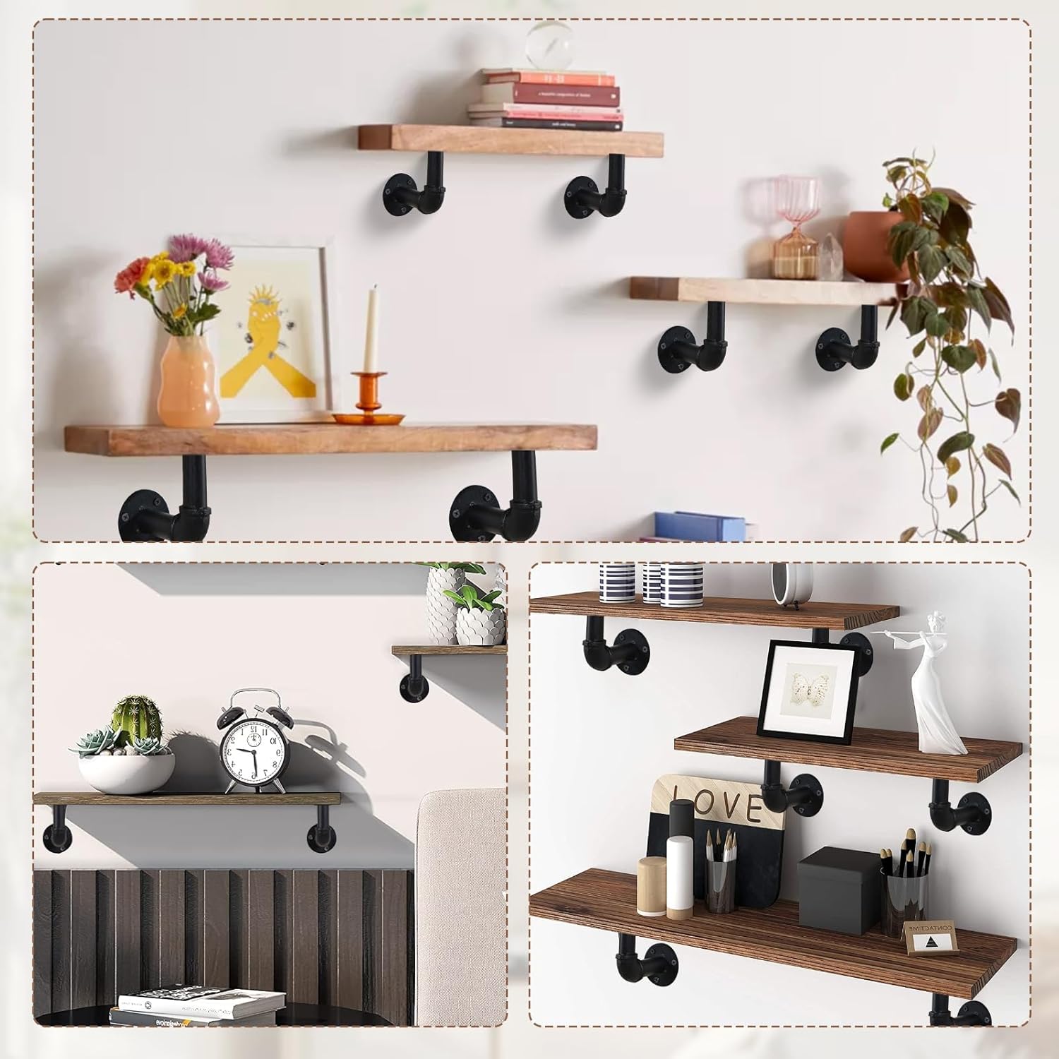 6 Pack Industrial Pipe Shelf Brackets, Black Iron for Floating Shelves Heavy-Duty Wall Mount with Hardware