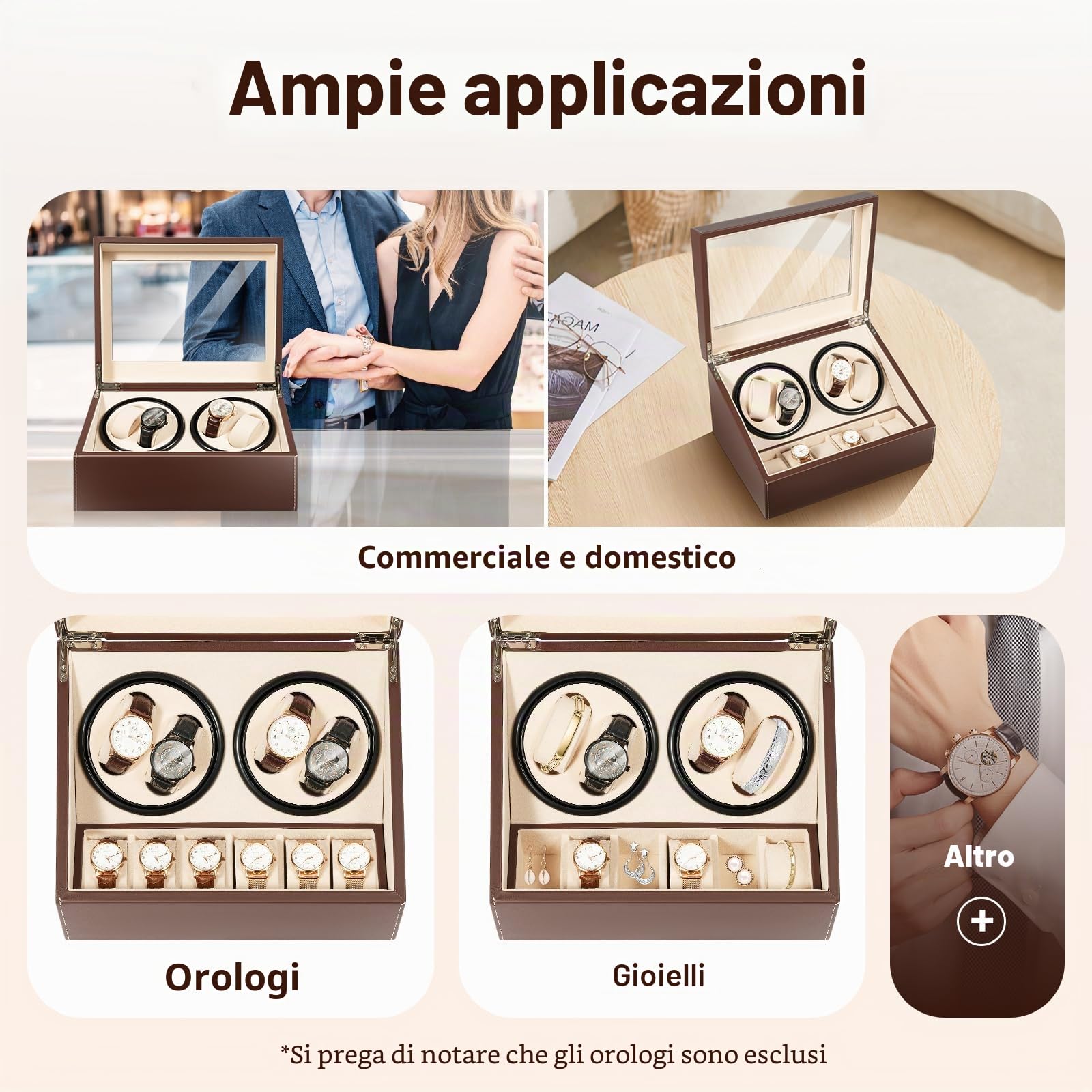 Scatola di carica-orologi automatica, per 4 orologi automatici + 6 griglie, silenziosa (marrone), Nero , Moderno