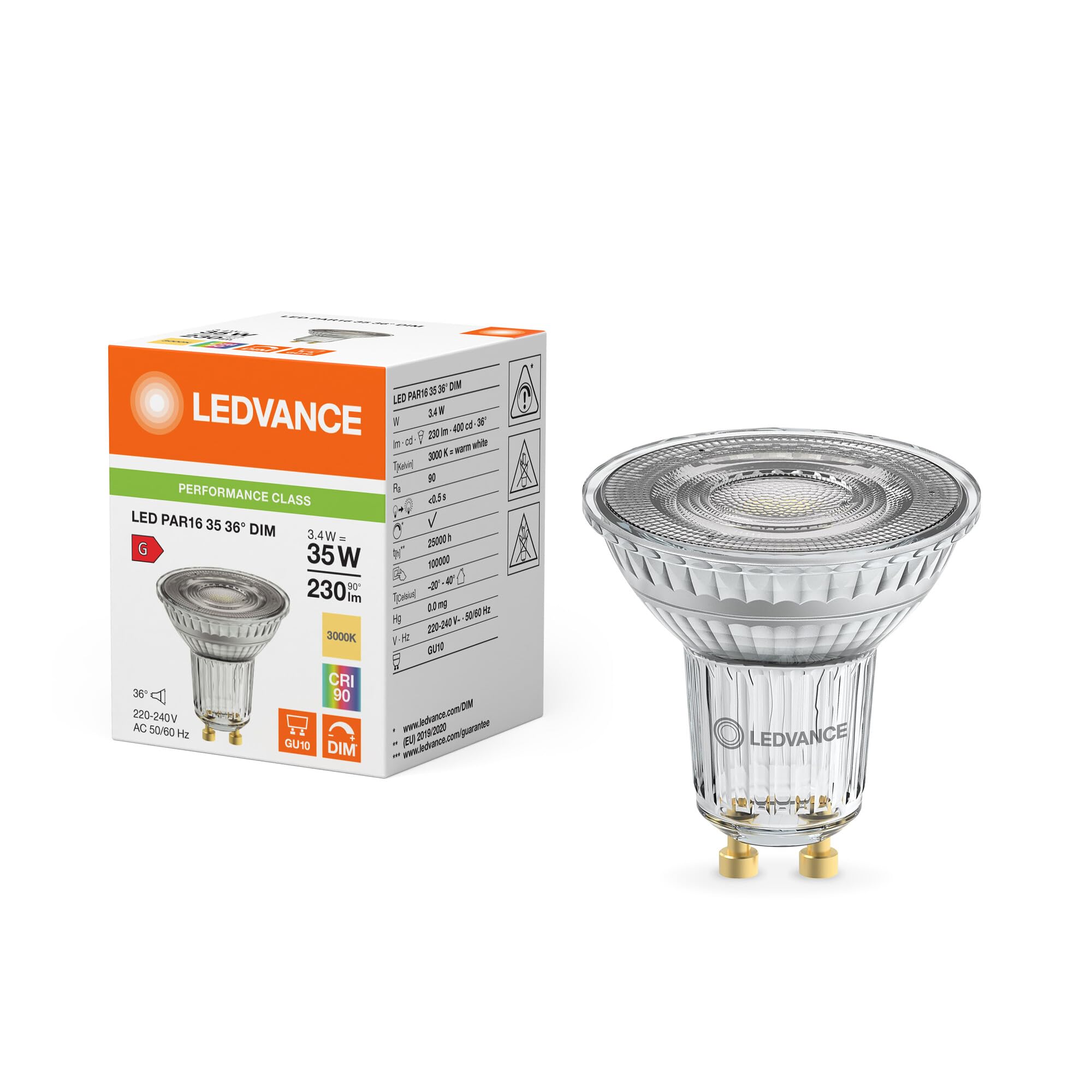 Ledvance Light Led Par16 4.3W (35W Eqv.) Gu10 3000K 36 Degrees Ra90 Dimmable