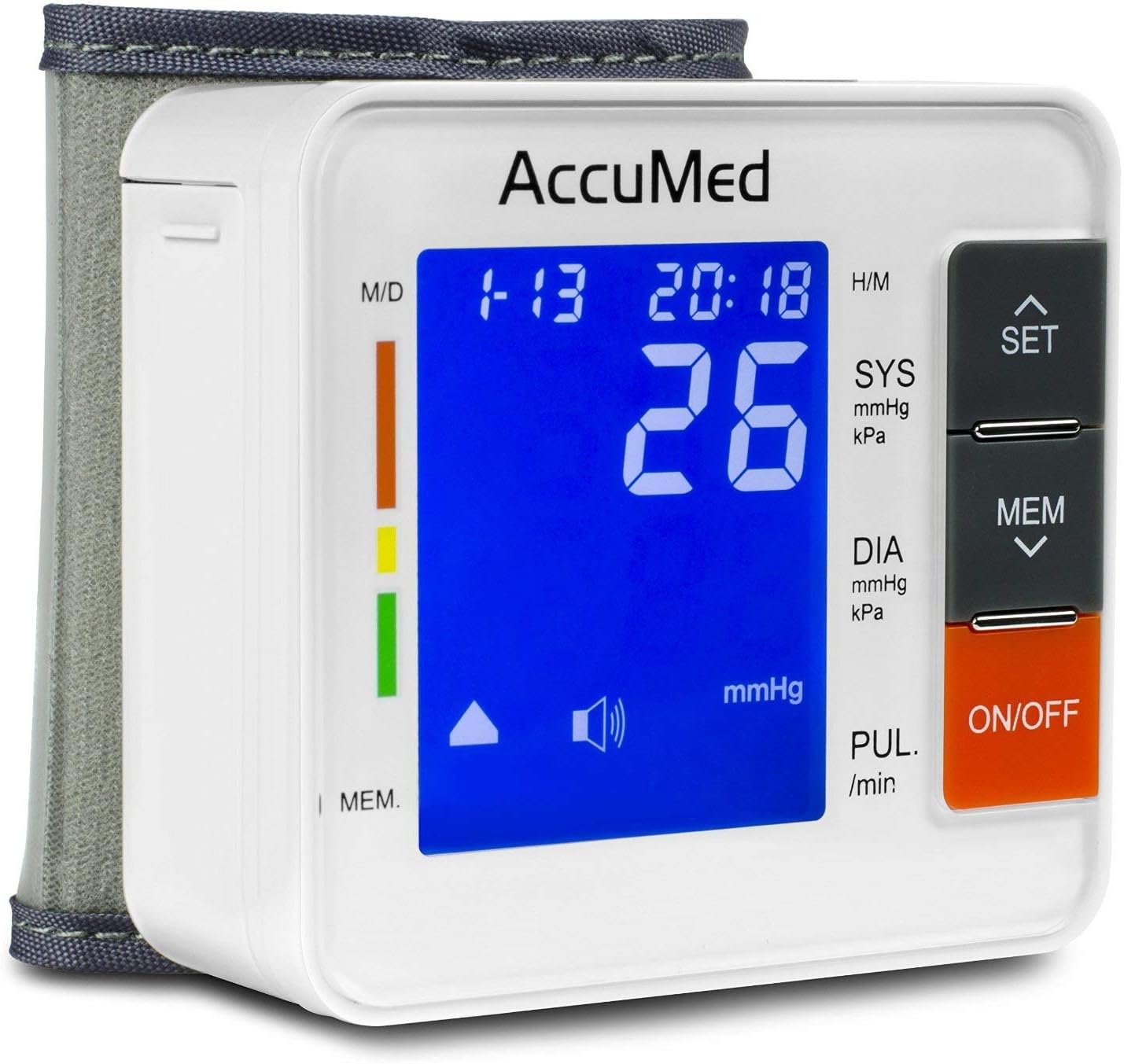 AccuMed ABP801 Portable Wrist Blood Pressure Monitor with One-Touch Automatic Measurement, 4-in-1 Functionality for Systolic/Diastolic BP, Heart Rate(BPM), Hypertension Guide, Arrhythmia Alerts