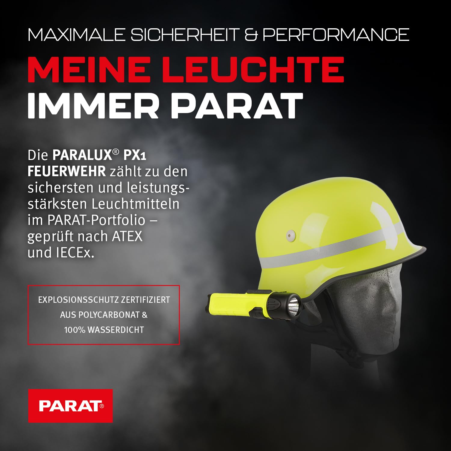 PARAT PARALUX® PX1 FEUERWEHR Set für Schuberth F120 Pro/F130 Rechts | LED Arbeitsleuchte mit 120 Lumen | EX-geschützte LED Taschenlampe | Wasserdichte Helmlampe | inkl. Batterien, Adapter & Halterung