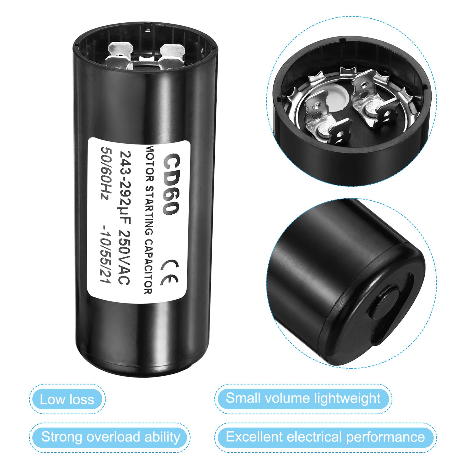 PATIKIL Motorstartcondensator, 243-292uF/Mfd 250 VAC 50/60 Hz CD60 starter condensator motor startcondensator voor elektromotor start in werking