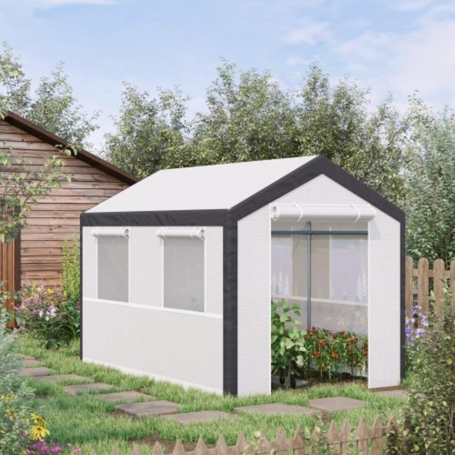 10' X 7' X 7' Walk-in Greenhouse, Grow Shed, Double Layer 140 GSM PE Cover with 4 Roll-up Windows, 2 Zipper Doors and Weatherproof Cover for Flowers, Vegetables, White