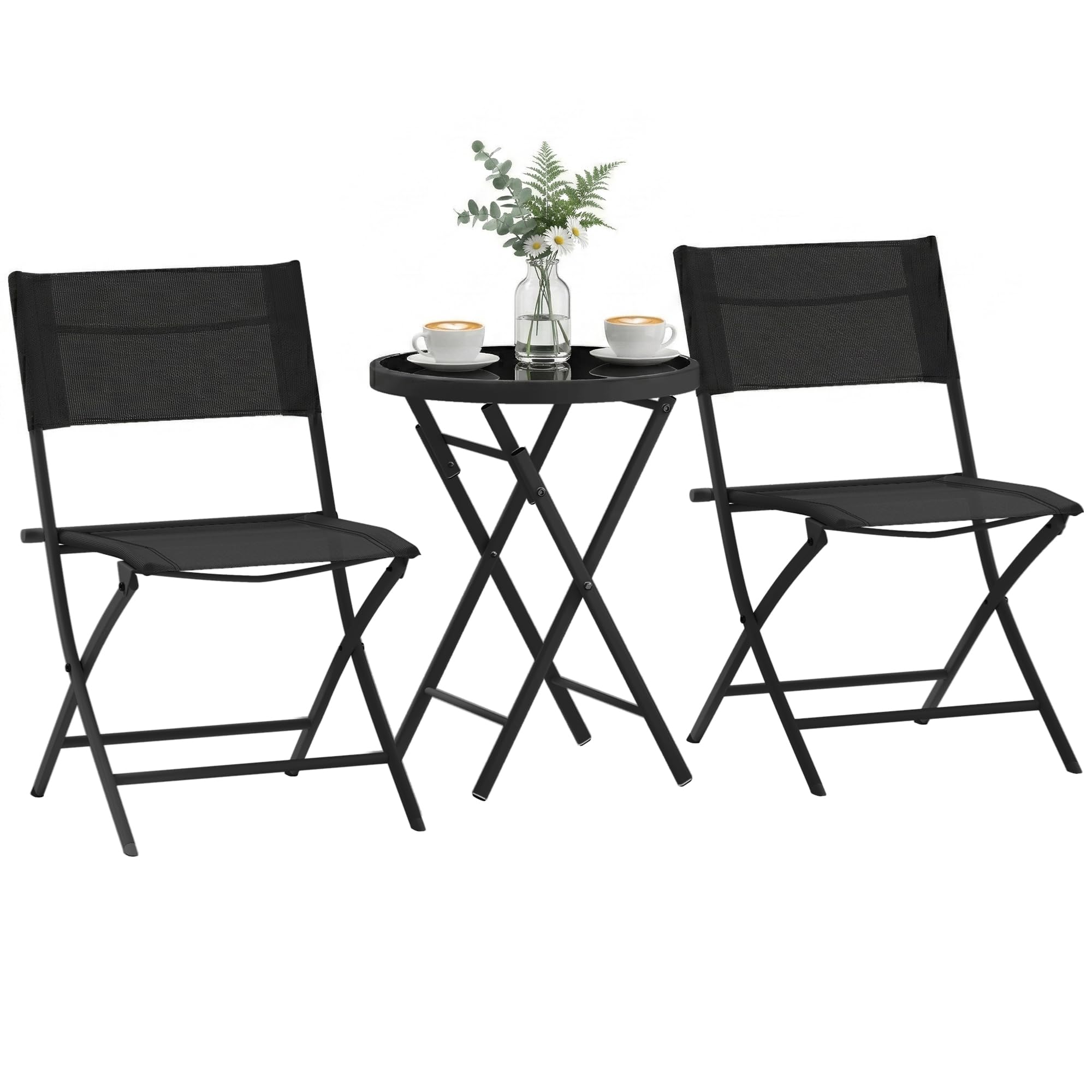 Outsunny 3 Pieces Outdoor Bistro Set, Glass Top Outdoor Table and 2 Folding Chairs, Garden Furniture Set with Protecting Feet, Metal Frame, Easy Clean, Black