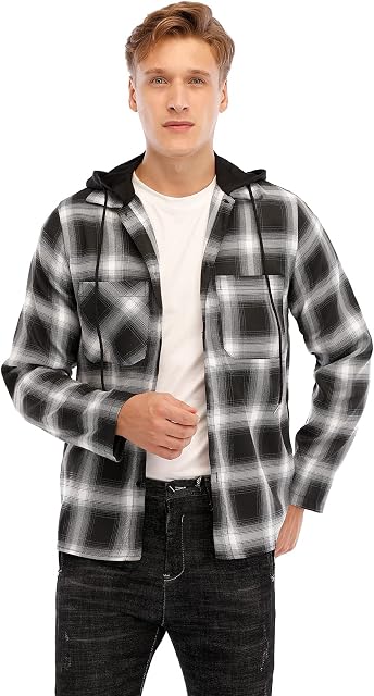 Men's Hooded Check Shirts Hoodied Sweat Jacket Casual Coat Long Sleeve Lattice Tops Black Plaid Spring Autumn Classic Leisure Business