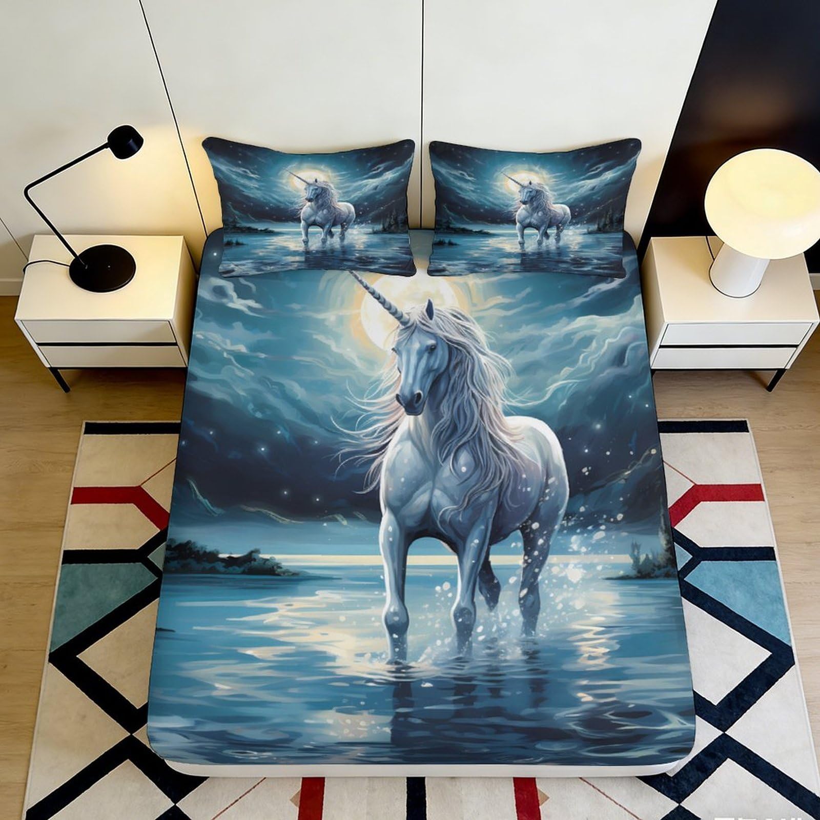 3D Printed Moonlit Unicorn Fitted Sheet Microfiber Soft Bedroom Decor Fantasy Lake Mattress Cover Washable 90x200x25cm
