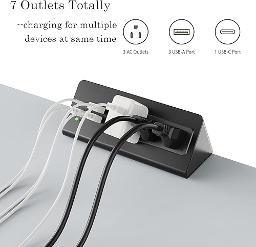 Miniatura 3 de Regletas de alimentación de montaje con abrazadera de escritorio, 4 puertos USB y 3 salidas de corriente alterna, PD 20 W USB C de carga rápida,