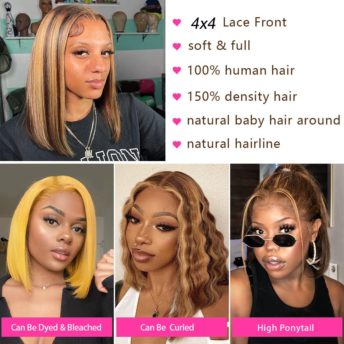 Bob Wig - Human Hair, Highlight Ombre, Honey Blonde, 4x4 Lace Front, Straight, 150% Density, 14 inch
