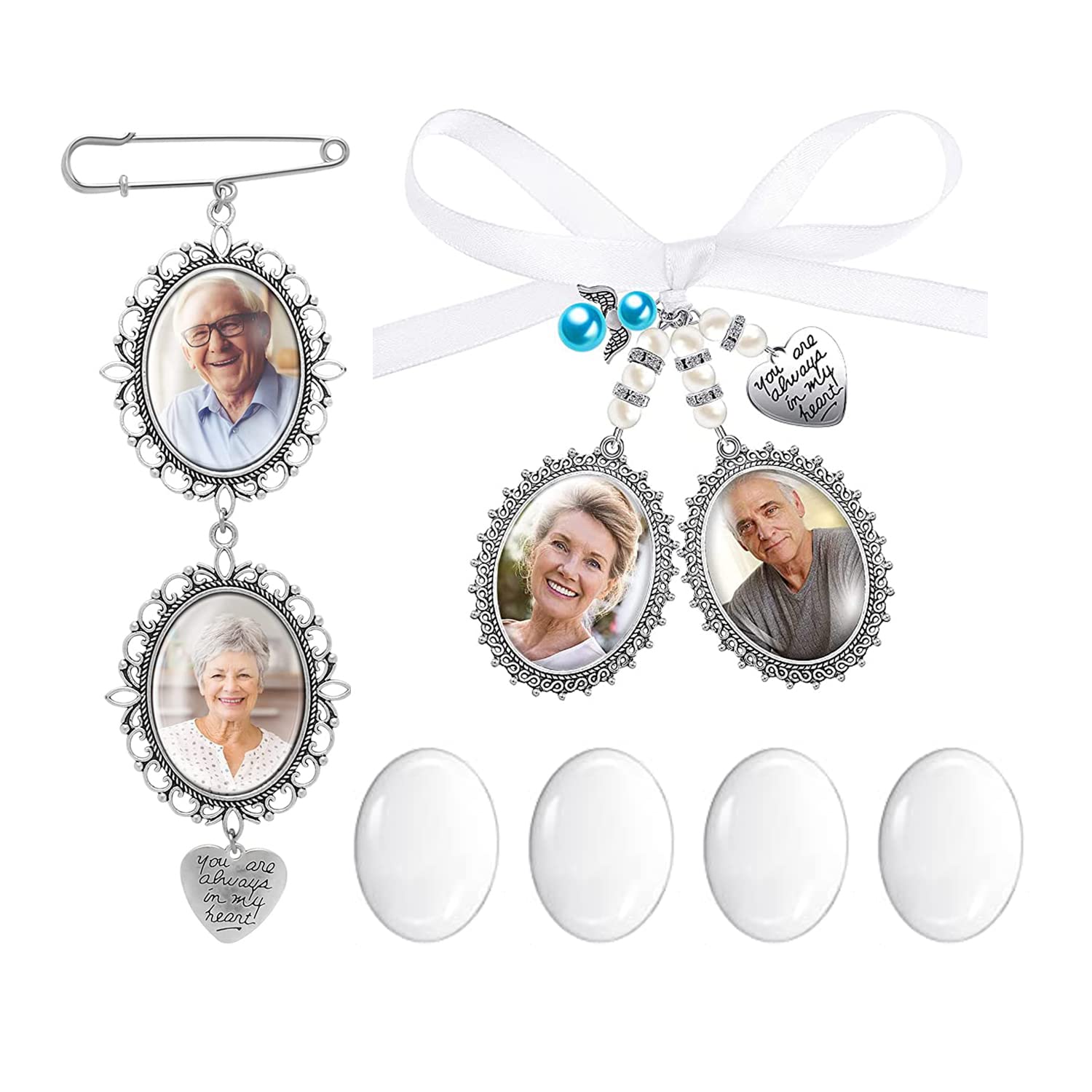Gtwoilt 2 Pack Wedding Bouquet Photo Charms with Holder for Wedding Memorial Bride Angel Pendant Charm, DIY Pin Brooch with Oval Glass Cabochon Pendants for Bridal Wedding Party