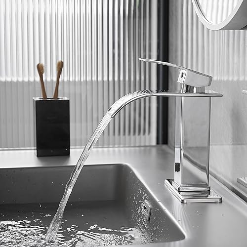 Miniatura 8 de Bathfinesse Grifo de lavabo de baño de una sola manija para cascada de acero inoxidable, grifo de baño comercial, grifo de baño para bañera y lavabo
