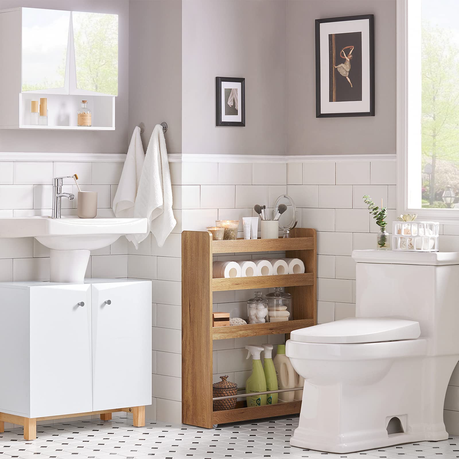 SoBuy Carro Auxiliar con Ruedas para Cocina y Baño, 4 Niveles, 60x81x18,5cm | Estante Salvaspacio de 4 Niveles con ruedas & barra anticaída, carga 5 kg/nivel, PB, cocina & baño & dormitorio, NSR01-PF