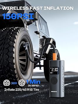 INNOVV P1 Aluminum Portable Tire Inflator, 150PSI, 3X Faster Cordless Air Compressor, Auto-Shutoff Electric Tire Pump with Digital Pressure Gauge & LED Light for Car, Motorcycle, Bike, Balls