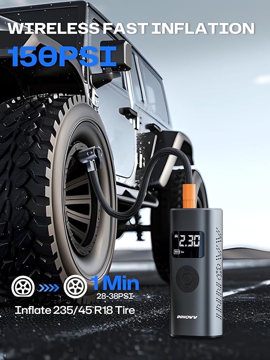 INNOVV P1 Aluminum Portable Tire Inflator, 150PSI, 3X Faster Cordless Air Compressor, Auto-Shutoff Electric Tire Pump with Digital Pressure Gauge & LED Light for Car, Motorcycle, Bike, Balls