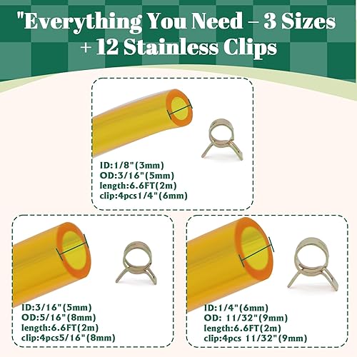 Miniatura 2 de Kit de línea de combustible de TPU premium, 3 tamaños (3 mm ID5 mm OD, 5 mm ID8 mm OD, 6 mm ID9 mm OD), 2 m cada uno, con 12 abrazaderas de acero,