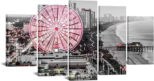 Nachic Wall Myrtle Beach - Arte de pared de Carolina del Sur, impresión de cuadros de rueda de fortuna gris y rosa, decoración del hogar