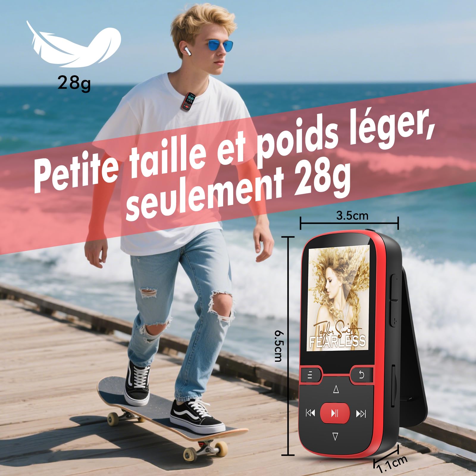 64 Go Lecteur MP3 Bluetooth 5.3 avec Clip Musique Sport, écran TFT 1,5"