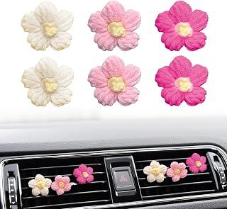 Crochet Flowers Car Vent Clips, 6 Pcs Cute Pink Daisy Flower Car Accessories Air Freshener Clips for Women (Pink, 6 Pcs)