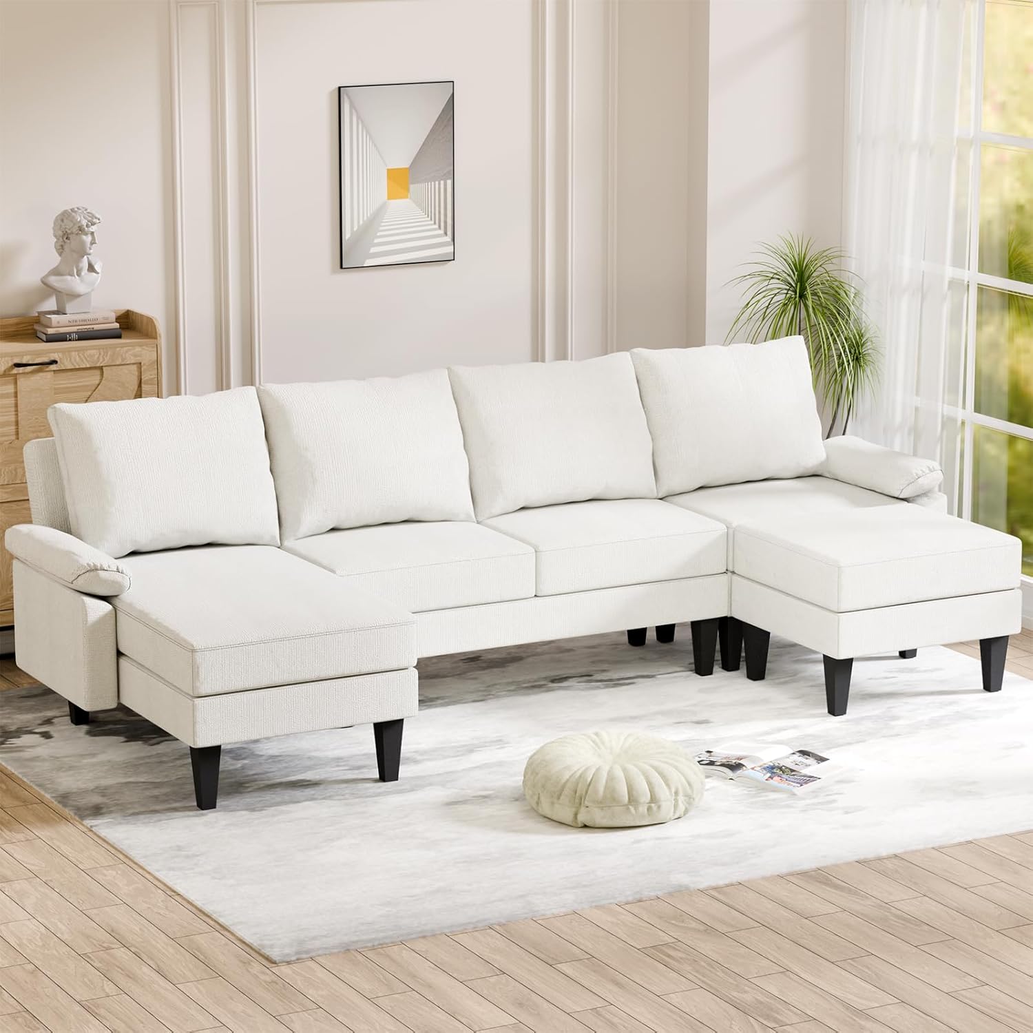 FONTOI U Shaped Sectional Couch, Convertible Modular Sectional Sofa with Chaise & Ottomans, Modern 6 Seat U Shaped Couches for Living Room Apartment, Beige