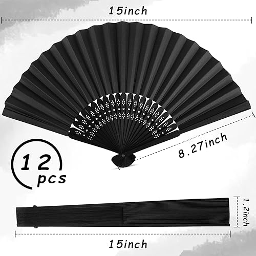 Miniatura 2 de JOHOUSE Abanicos plegables de bambú, 12 ventiladores de mano negros, abanicos de mano plegables, ventiladores japoneses chinos vintage para boda,
