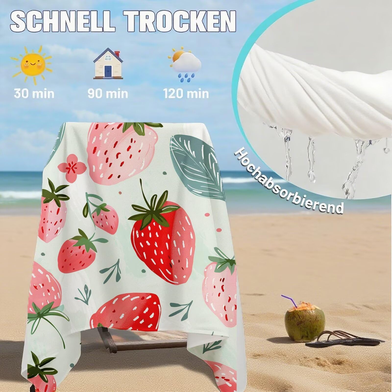 Serviette de Plage Microfibre Serviette Plage 100x150 cm 2 Pack Séchage Rapide, Anti-Sable, Absorbante Fonction drap de plage xxl pour Bain, Sport, Voyages, Sauna, Piscine, Yoga, avec Sac Fruit Q-259