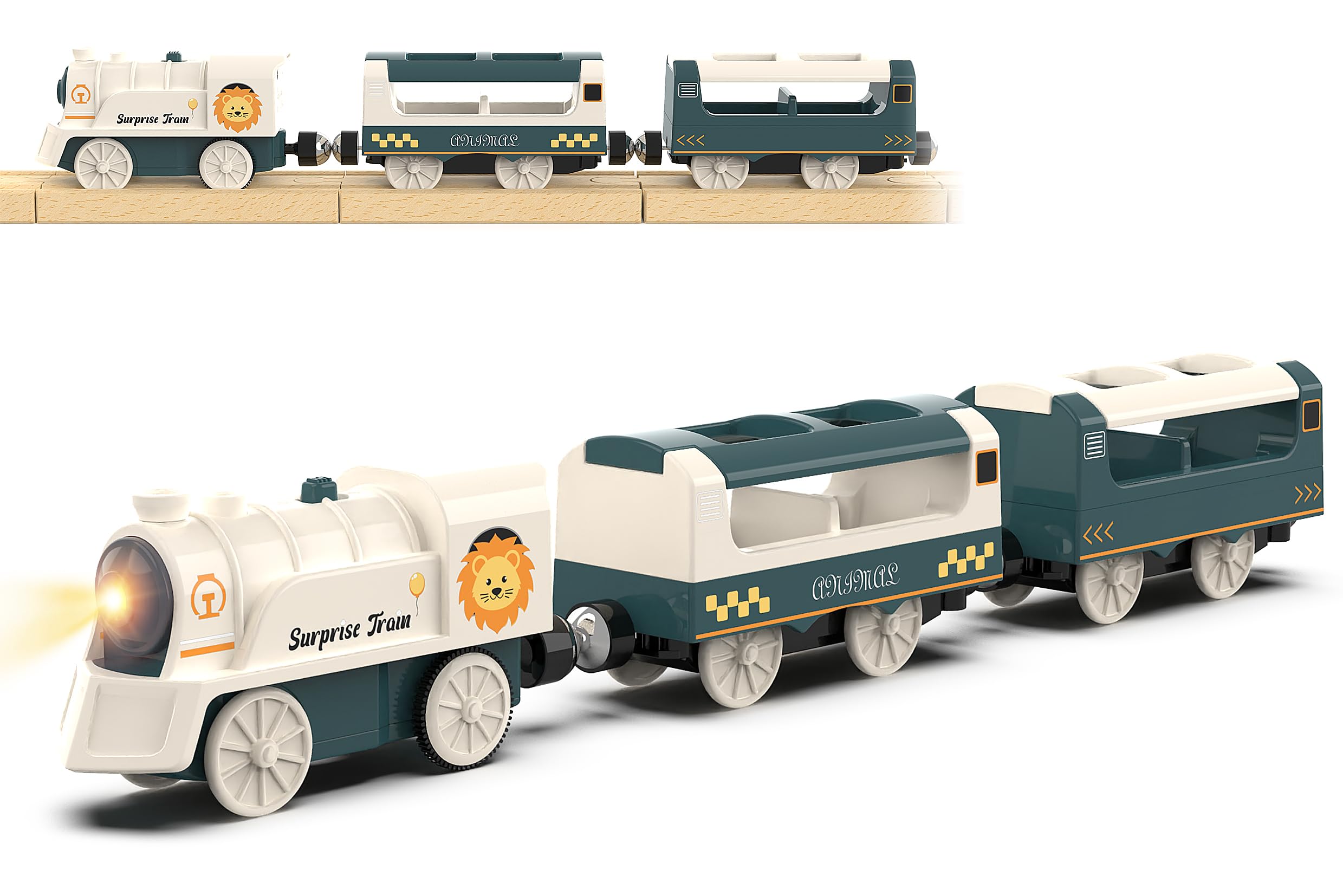 Battery Powered Train Set for Railway System, Electric Train Toys for Wooden Tracks, 3Pcs Motorized Locomotive Trains for Toddlers Compatible with Thomas & Friends, Brio, Chuggington
