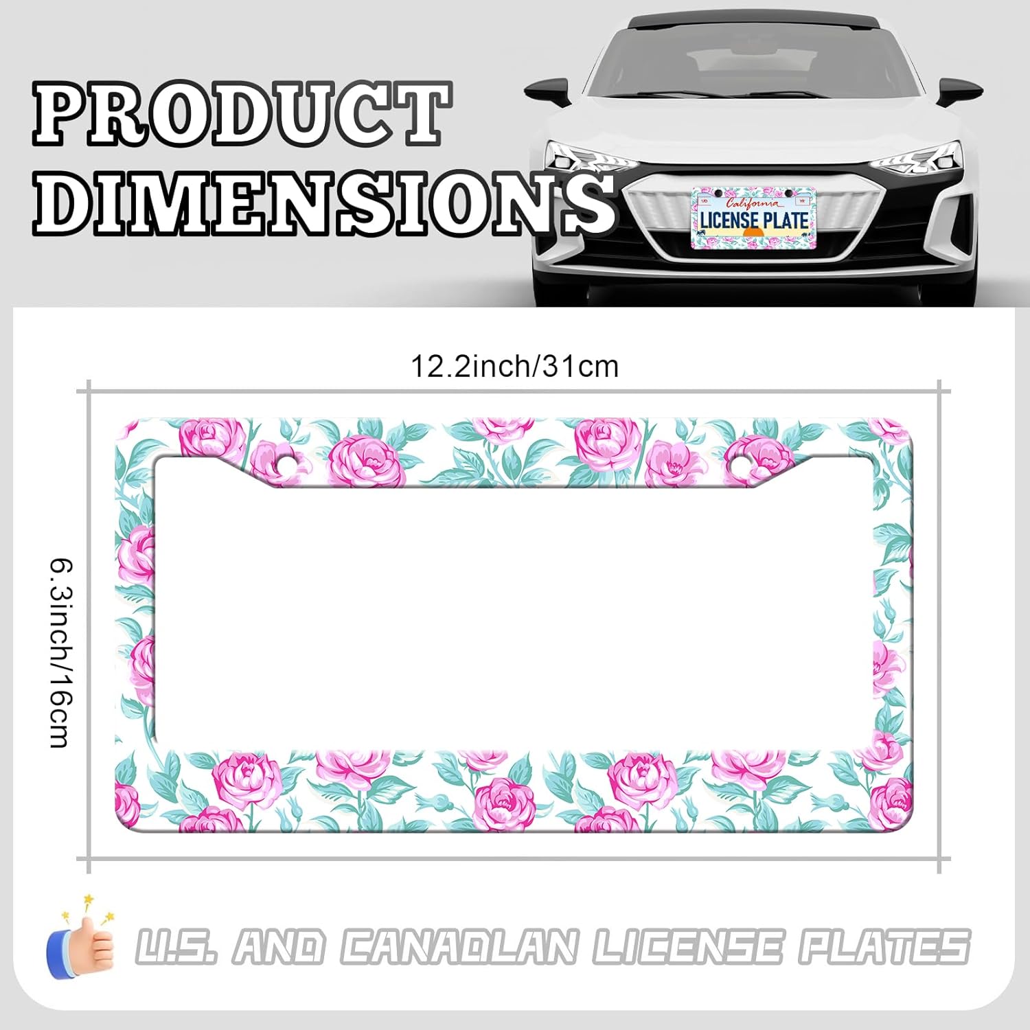 Rose License Plate Frame - 2PCS Beautiful Pink Roses Aluminum Metal License Plate Holder, Rust-Proof Waterproof Car Decorative Tag Frames - Image 2