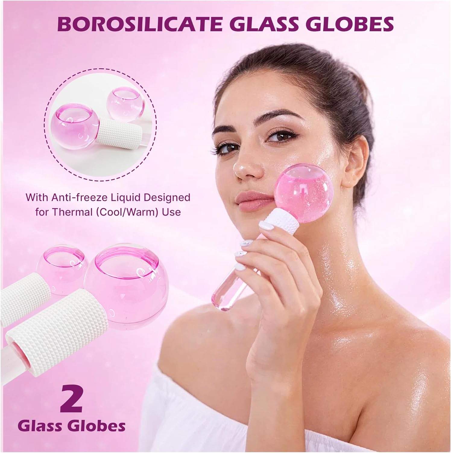 3-in-1 Ice Globes & Glass Facial Cupping Set, 2 Ice Globes for Face + 4-Size Facial Cupping Set for Face Lifting & Body Suction Cups, Facial Ice Roller for Depuffing, Heat & Cold Therapy-Purple