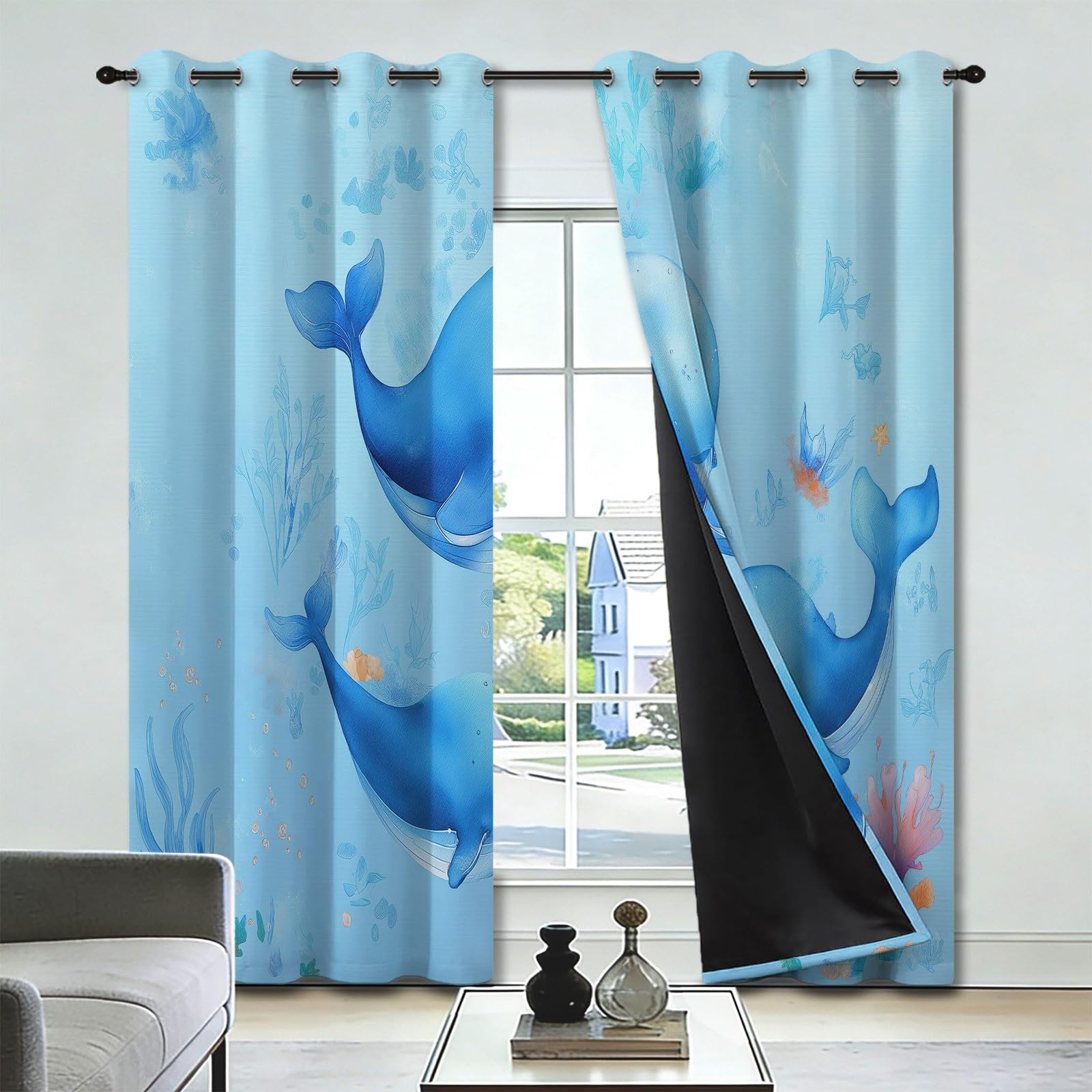 Tenda Mare Balena Corallo, Tenda Oscurante Termico Isolante Arazzo Opaco con Occhielli, Tendaggi Interni, Marina Cartoon Lenitivo Design per Soggiorno e Camera 2 Pezzi 140 x 160 H cm