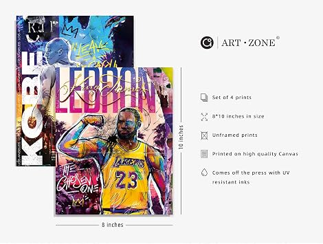 Famous Basketball Star Posters Wall Art, 8x10 Inch Canvas Prints Unframed Set of 4, Basketball Posters for Boys Bedroom Decor