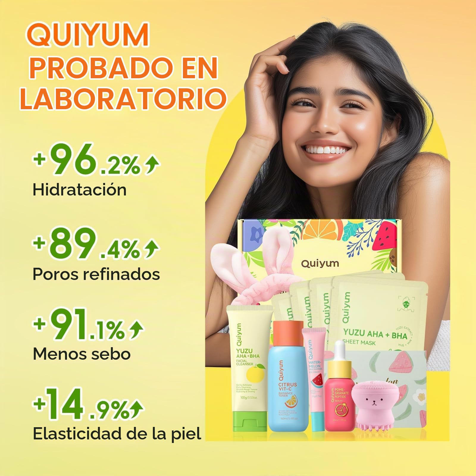 QUIYUM Set de Cuidado Facial para Mujer, 10 Piezas, Piel Grasa y Mixta | con Acné, Ácido Salicílico, Vitamina C y Péptidos, Control de Aceite, Iluminador, Antiacné