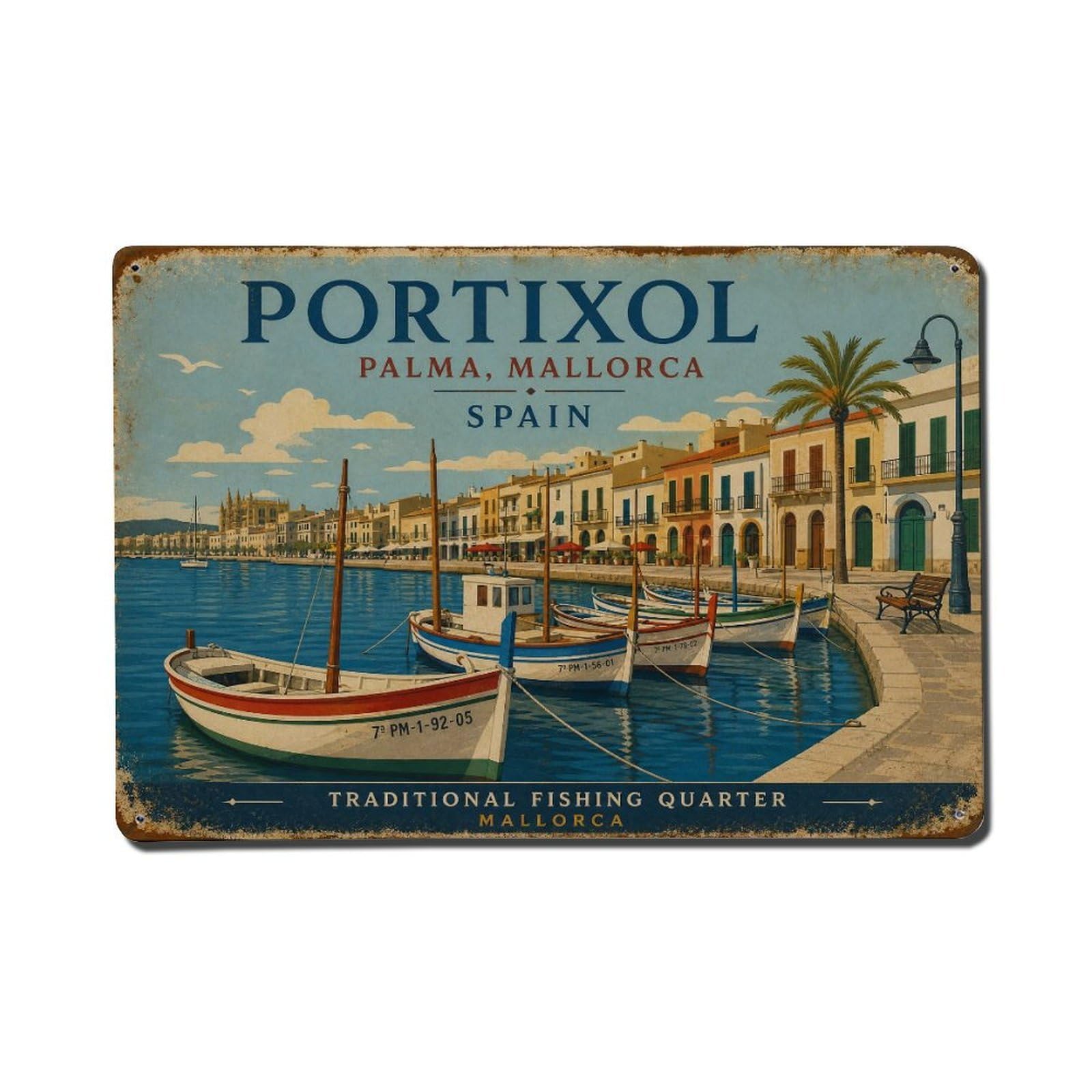 Vintage Travel Palma Portixol Harbor Mallorca Fishing Metal Tin Sign