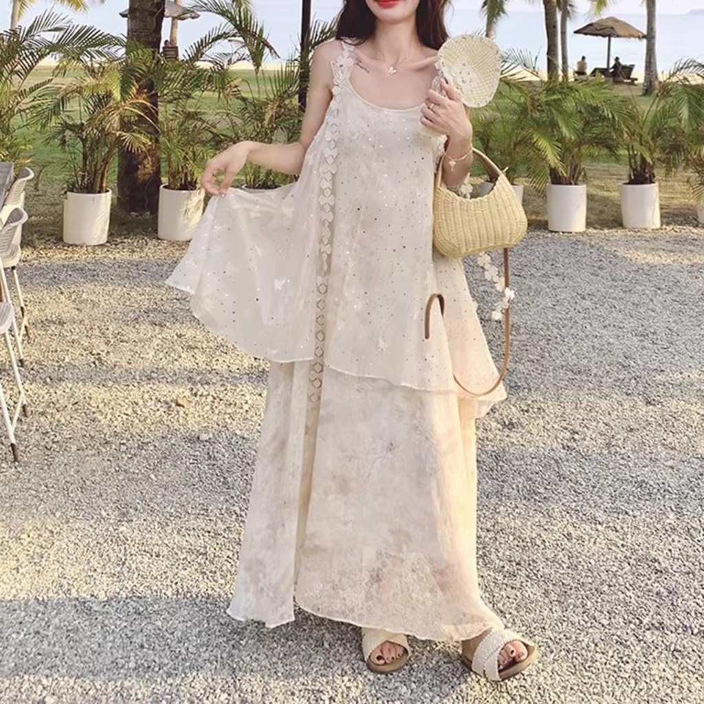 Abito Lungo Senza Maniche con Paillettes Stile Francese, Abito da Spiaggia Estivo A Strati con Scollo Quadrato, Matrimonio/Festa