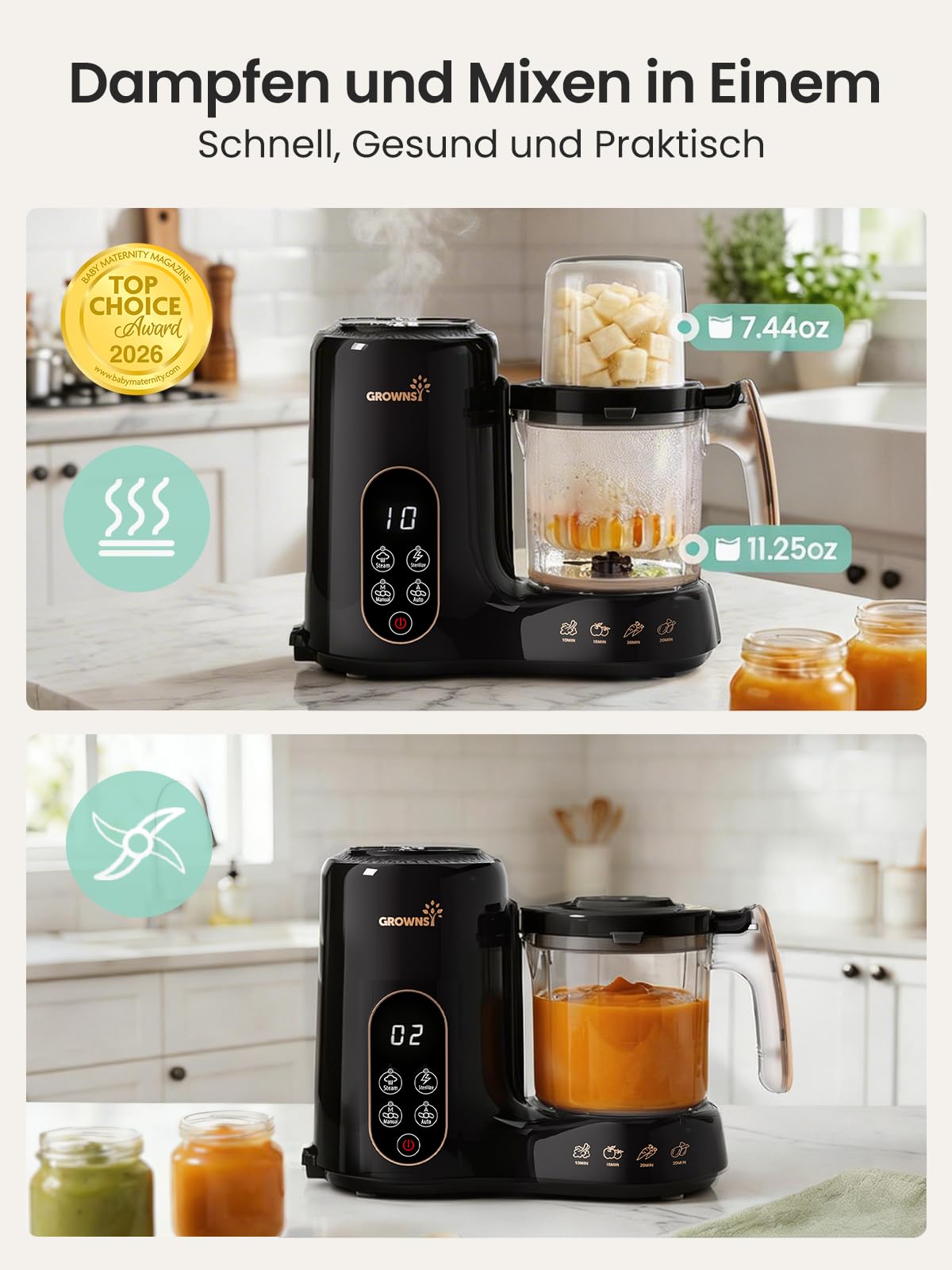 Grownsy Babynahrungszubereiter Dampfgarer Pürierer Sterilisator BPA-frei zweistöckiger Dampfkorb